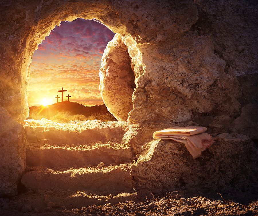 Empty Tomb With Crucifixion At Sunrise - Resurrection Concept